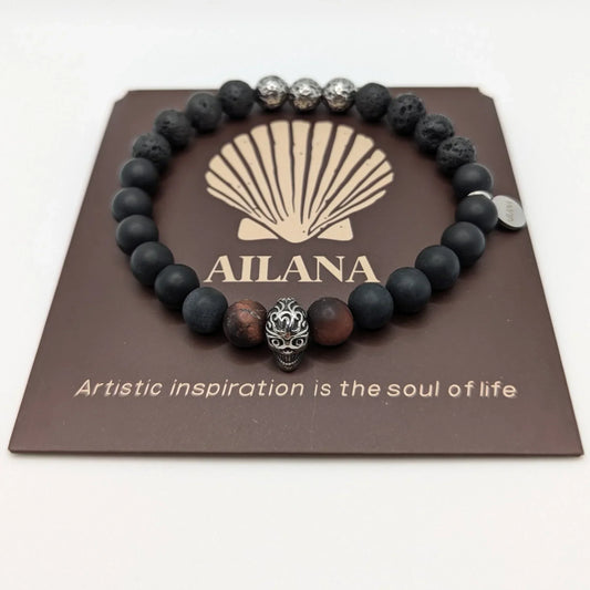 Natural Stone Lava Healing Stone Stretch Bracelets Stainless Steel Skull Black Onyx Beaded Men Bracelet Elastic Jewelry