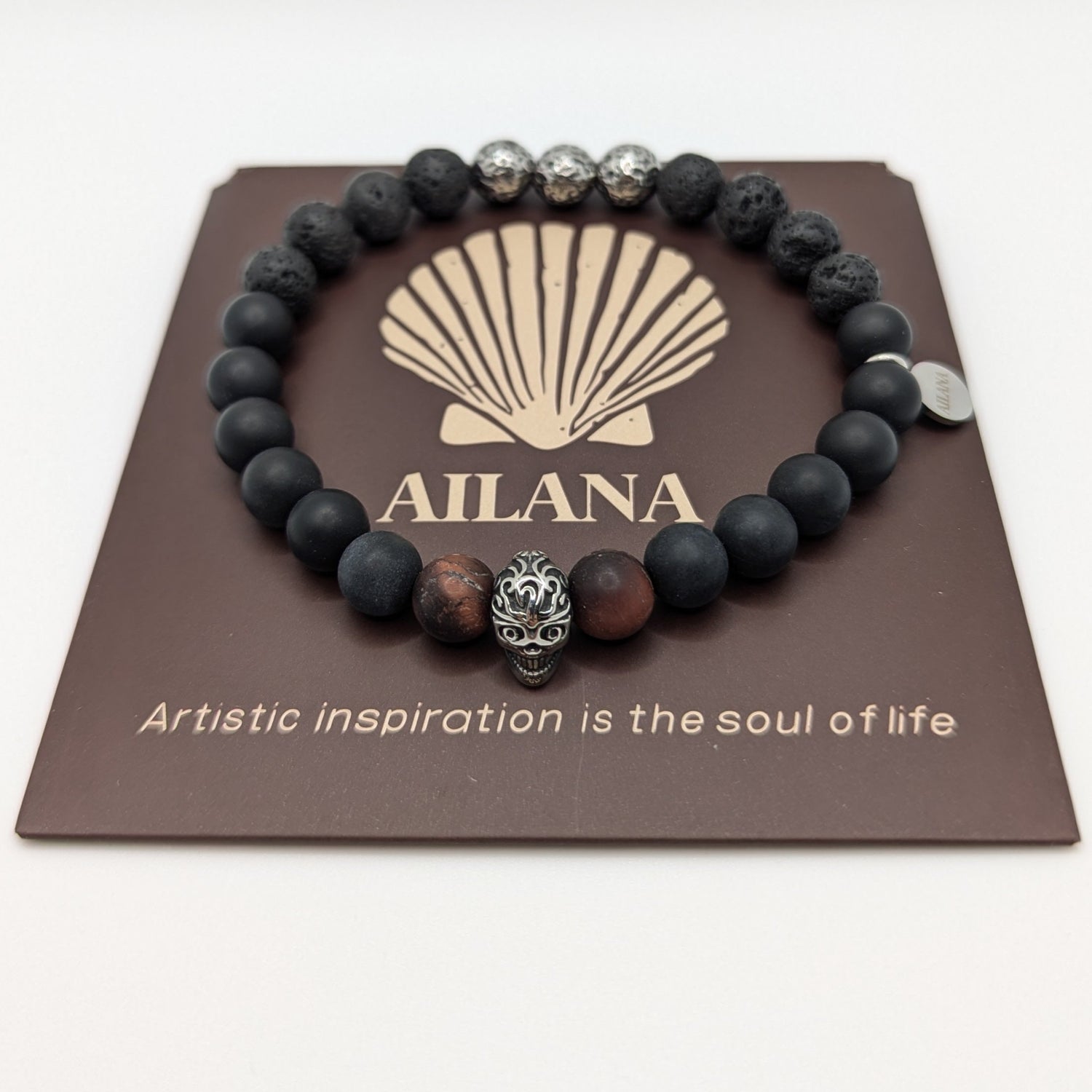 Natural Stone Lava Healing Stone Stretch Bracelets Stainless Steel Skull Black Onyx Beaded Men Bracelet Elastic Jewelry