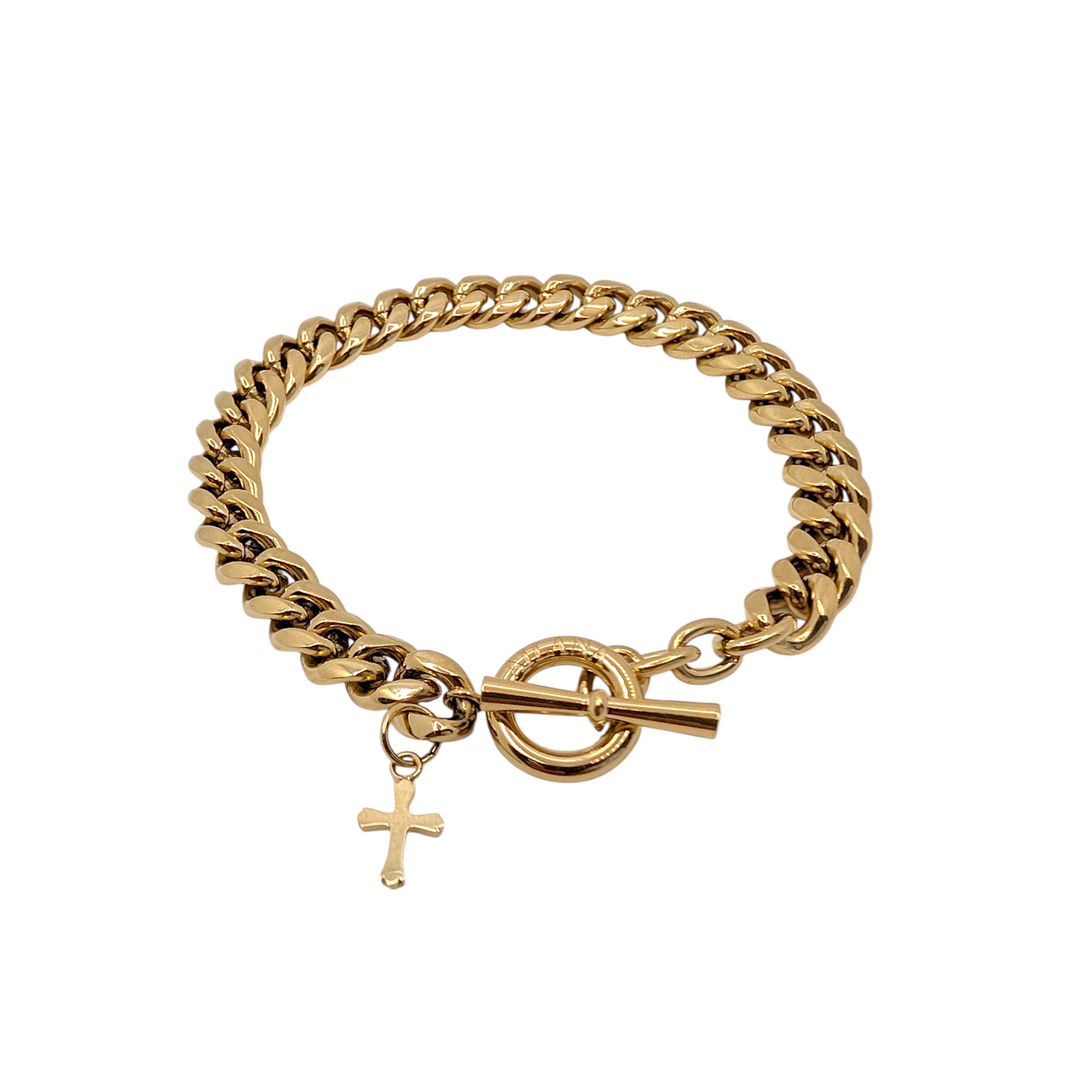 Pulsera de cadena 8 mm con cruz dorado