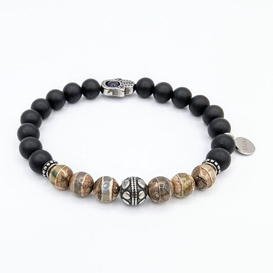 Fatima Hand Natural Stone Bead Bracelet Men Women 8mm Black Onyx Stainless steel Buddha Lotus Bracelets