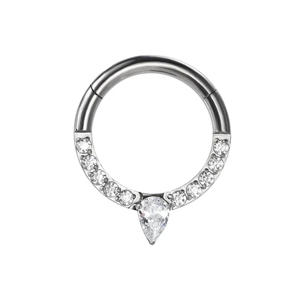 Titanium CZ Pave Face With Tear Drop CZ Center Hinged Segment Hoop Ring