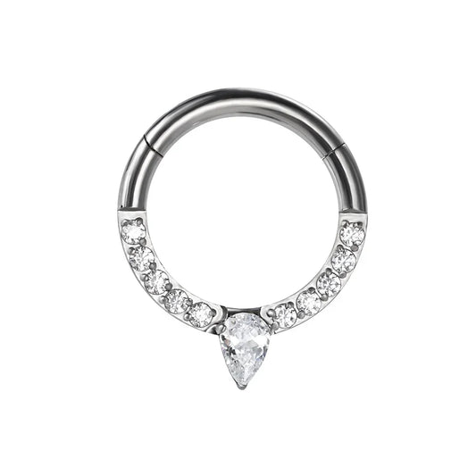 Titanium CZ Pave Face With Tear Drop CZ Center Hinged Segment Hoop Ring