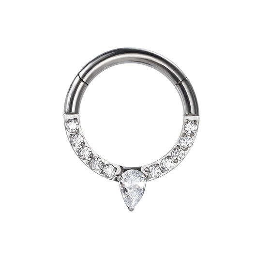 Titanium CZ Pave Face With Tear Drop CZ Center Hinged Segment Hoop Ring