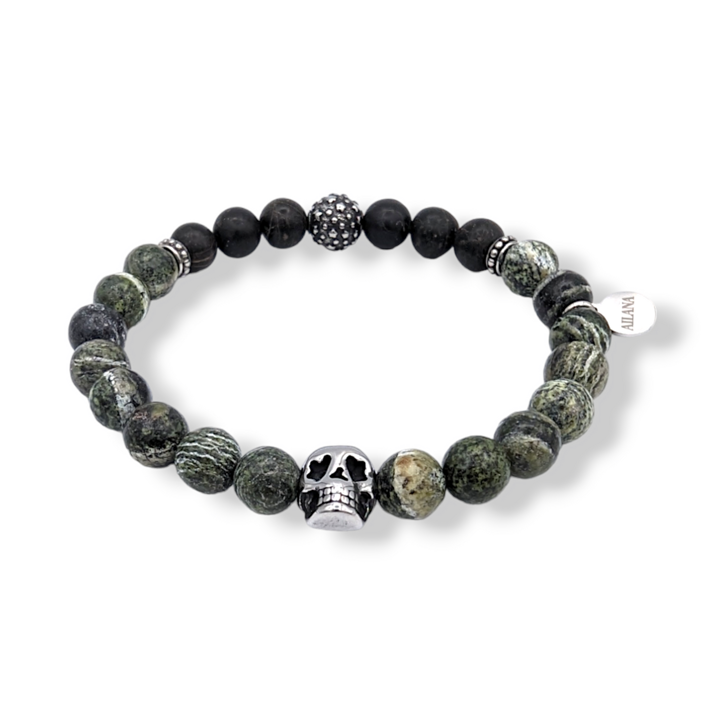 bracelet Green forest stone and black agate stones skull charm