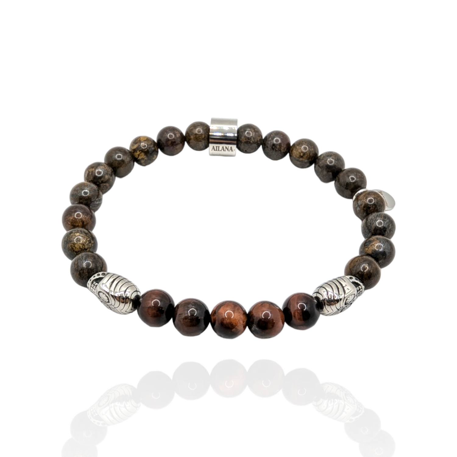 bracelet skull charm Natural red tiger eye stone and bronzite gemstone