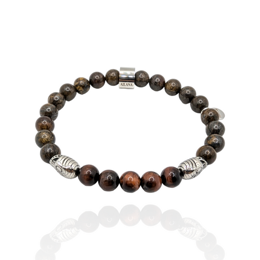 bracelet skull charm Natural red tiger eye stone and bronzite gemstone