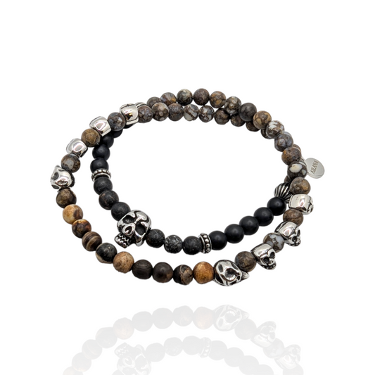 retro agate;black agate;Australian grain agate beads. Skull charm bracelet