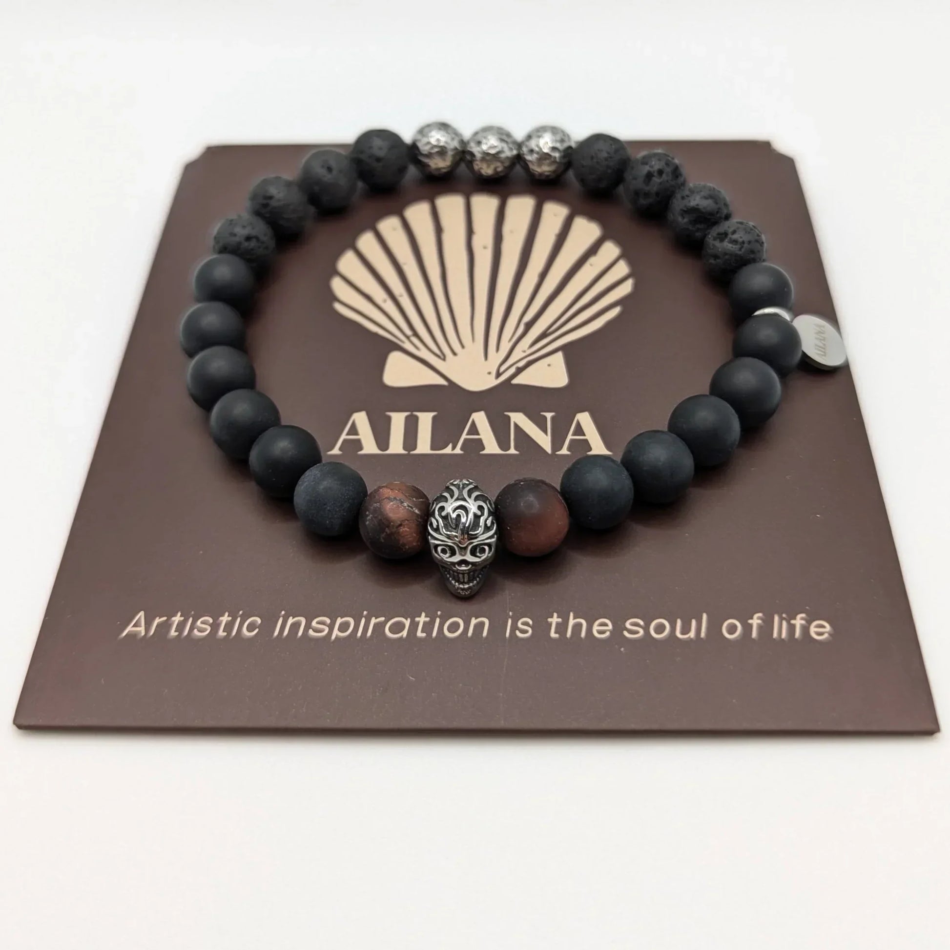 Natural Stone Lava Healing Stone Stretch Bracelets Stainless Steel Skull Black Onyx Beaded Men Bracelet Elastic Jewelry 