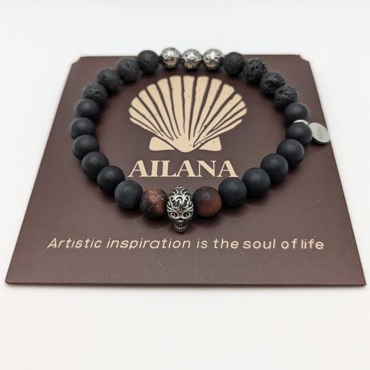 Natural Stone Lava Healing Stone Stretch Bracelets Stainless Steel Skull Black Onyx Beaded Men Bracelet Elastic Jewelry