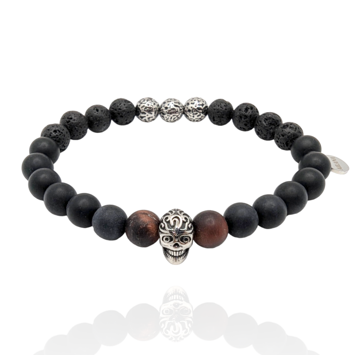 Natural Stone Lava Healing Stone Stretch Bracelets Stainless Steel Skull Black Onyx Beaded Men Bracelet Elastic Jewelry 