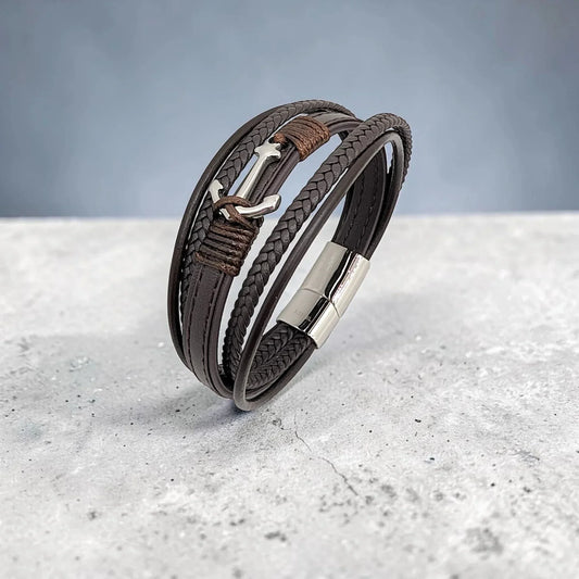 Pulsera de Cuero con Ancla para Hombre - AILANA JEWELRY
