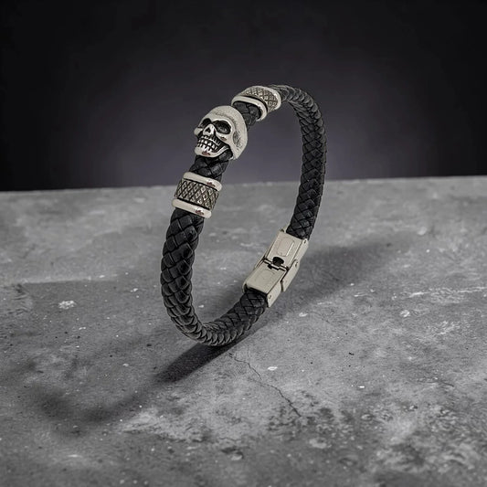 Pulsera de Cuero Negro con Calavera para Hombre - AILANA JEWELRY