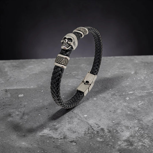 Pulsera de Cuero Negro con Calavera para Hombre - AILANA JEWELRY