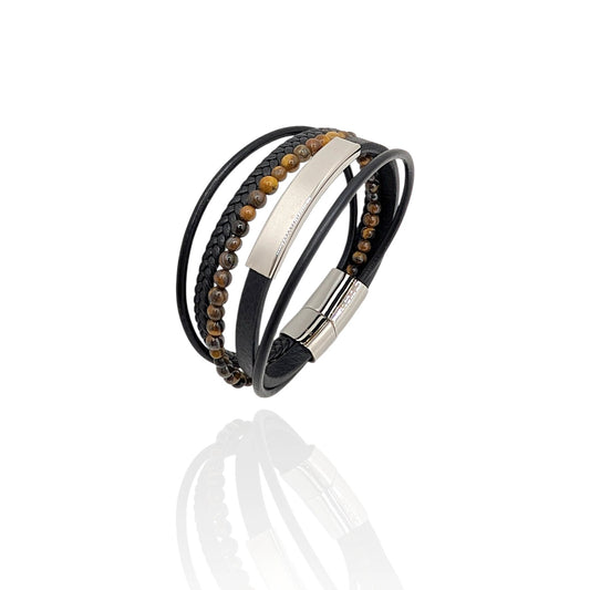 Pulsera en Cuero negro y Piedras Ojo de Tigre - AILANA JEWELRY