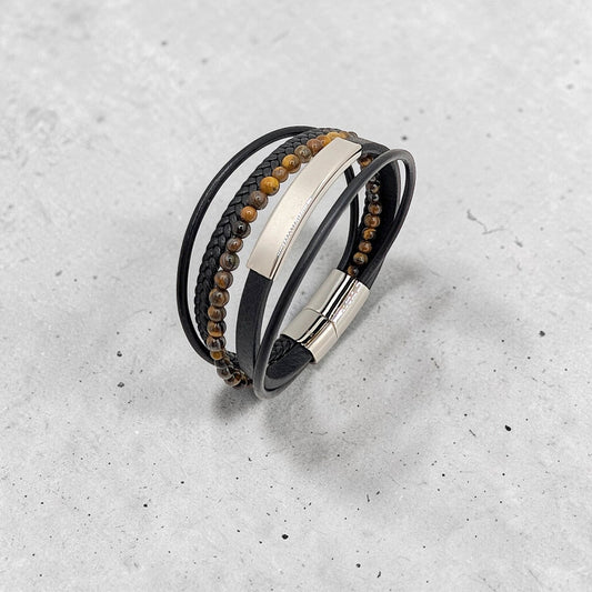 Pulsera en Cuero negro y Piedras Ojo de Tigre - AILANA JEWELRY