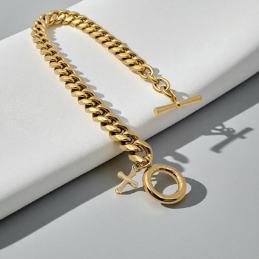 Pulsera de cadena 8 mm con cruz dorado