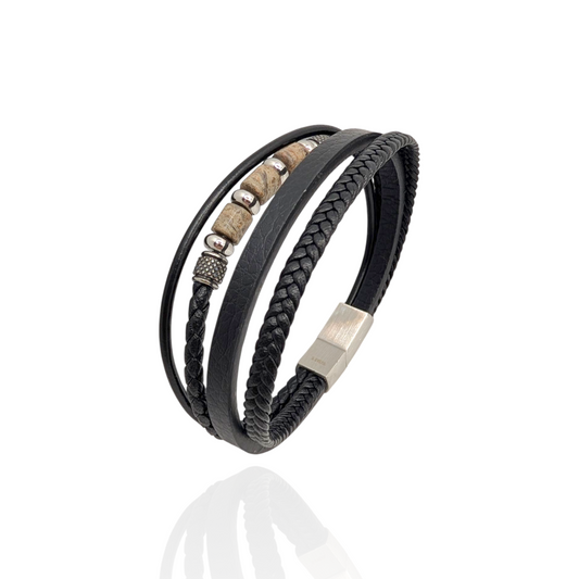 Pulsera en cuero negro y piedras