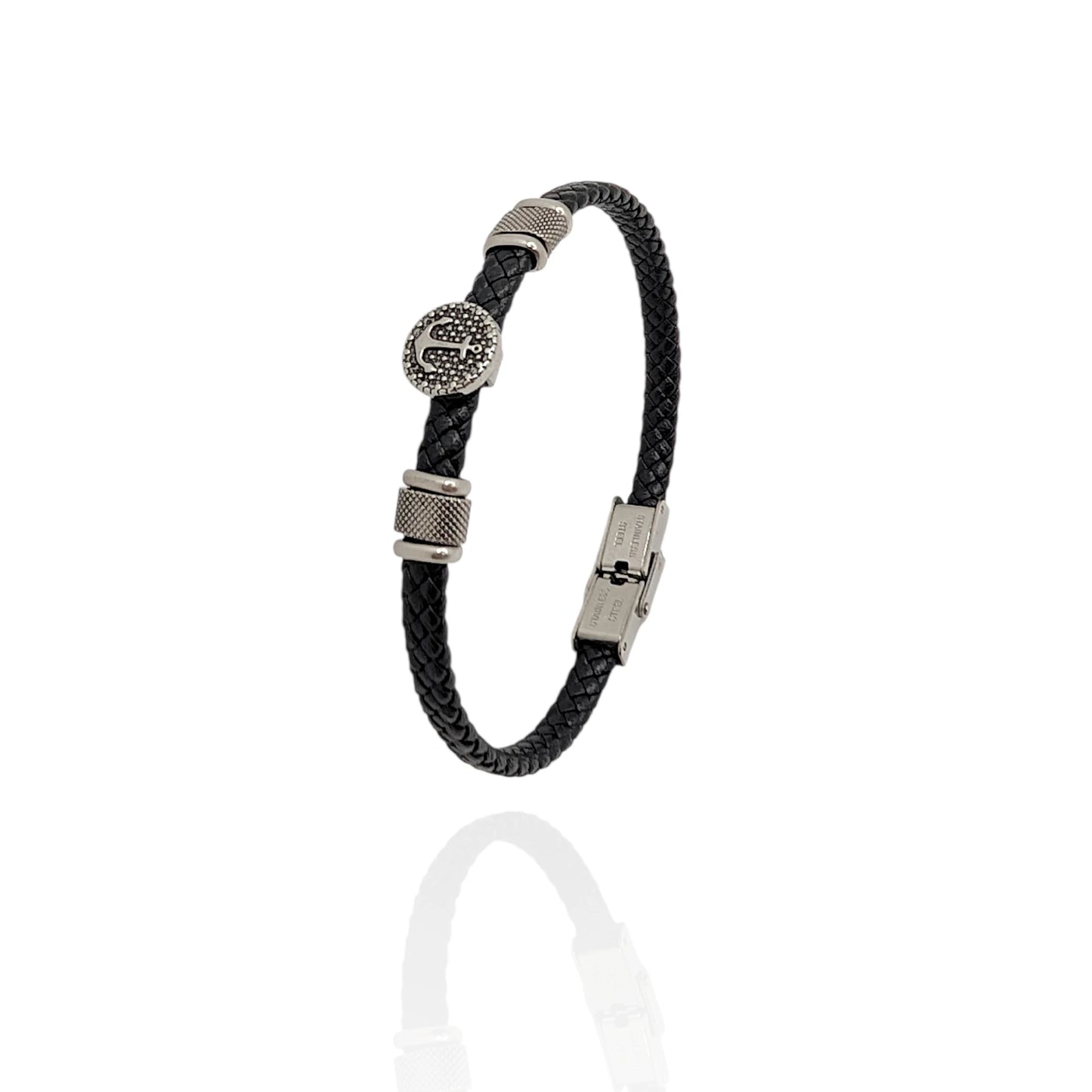 Pulsera de Cuero Negro con Ancla