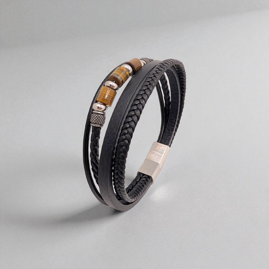 Pulsera en cuero negro y piedras