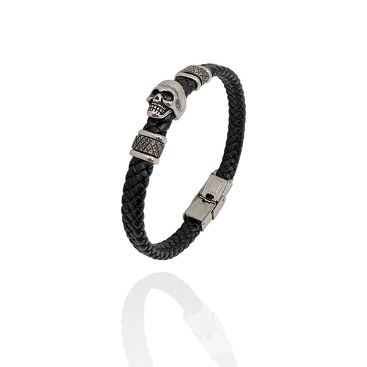 Pulsera de Cuero Negro con Calavera para Hombre