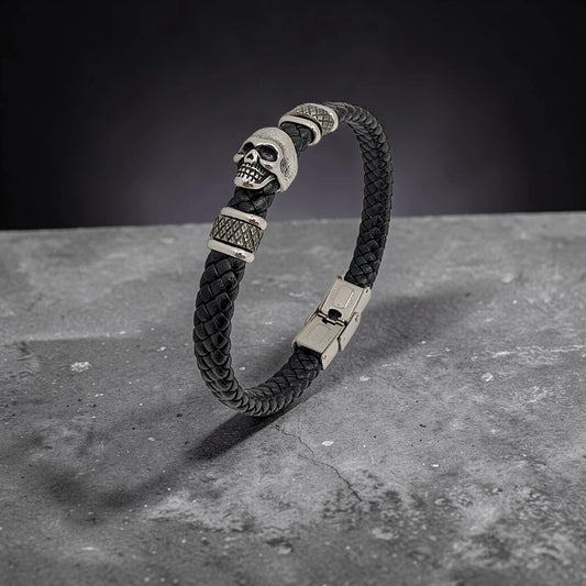 Pulsera de Cuero Negro con Calavera para Hombre