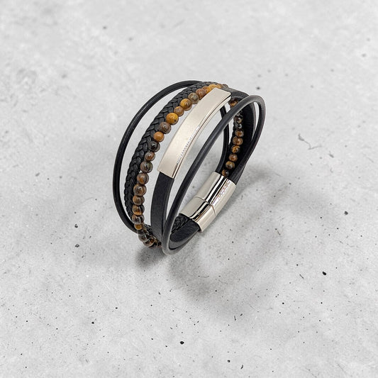 Pulsera en Cuero negro y Piedras Ojo de Tigre