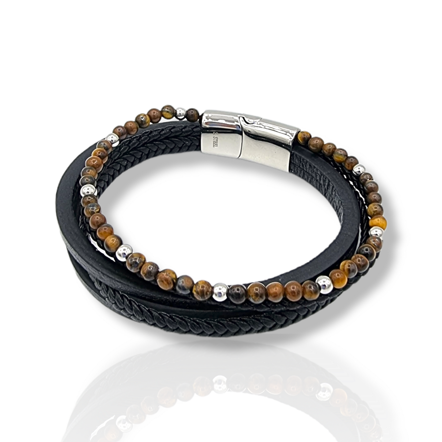 Leather Bracelet #52 (Tiger eye stones)